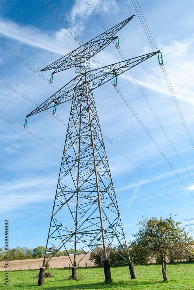 Pylones haute tension RTE traversant une prairie avec des vaches Pylones haute tension RTE traversant une prairie avec des vaches