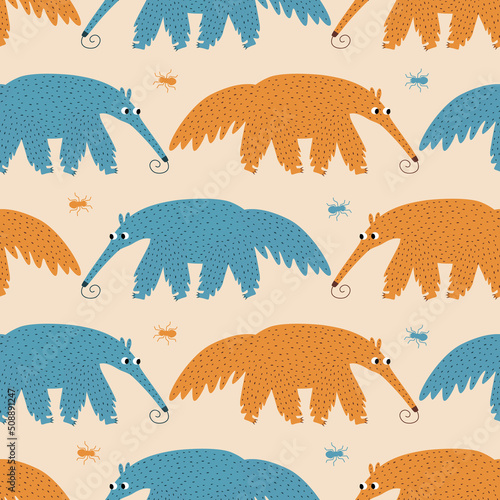 Colorful ant eaters and ants hand drawn vector illustration. Funny animals in flat style seamless pattern for children fabric or wallpaper.