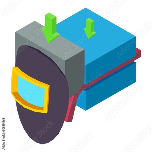 Metallurgist tool icon isometric vector. Hydraulic press machine, protective mask. Professional equipment, metallurgy, manufacturing