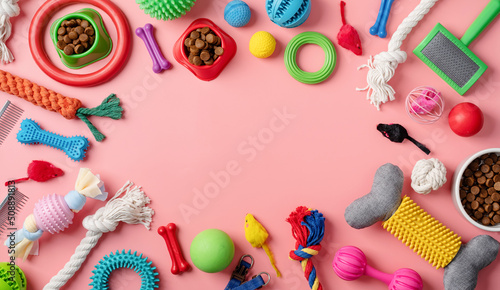 Pet care concept, various pet accessories and tools on pink background, flat lay