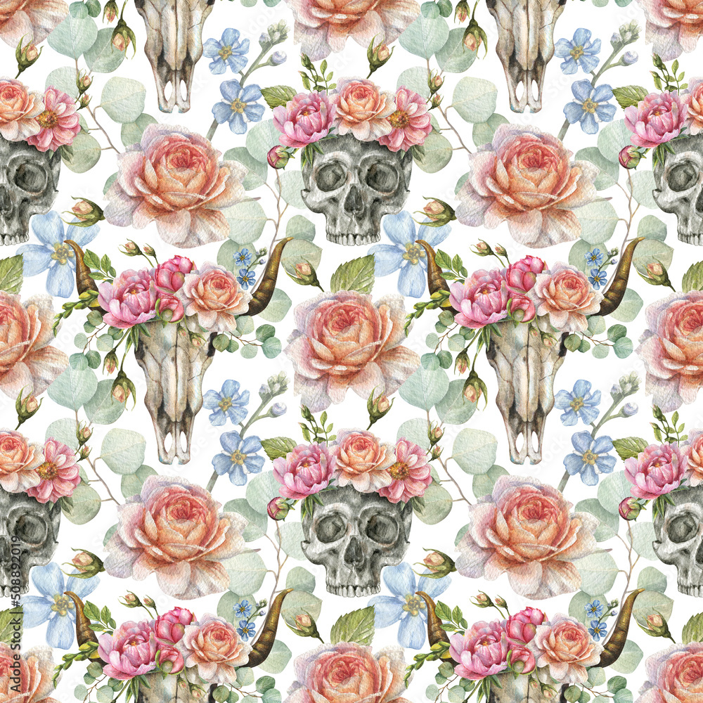 Fototapeta Watercolor seamless pattern with illustration of human skull and bull skull with flowers of roses, peony, eucalyptus