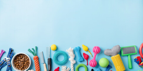 Pet care concept, various pet accessories on blue background, flat lay