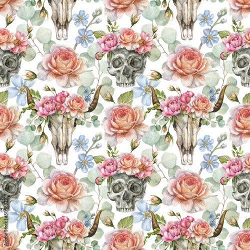 Watercolor seamless pattern with illustration of human skull and bull skull with flowers of roses, peony, eucalyptus © Marina
