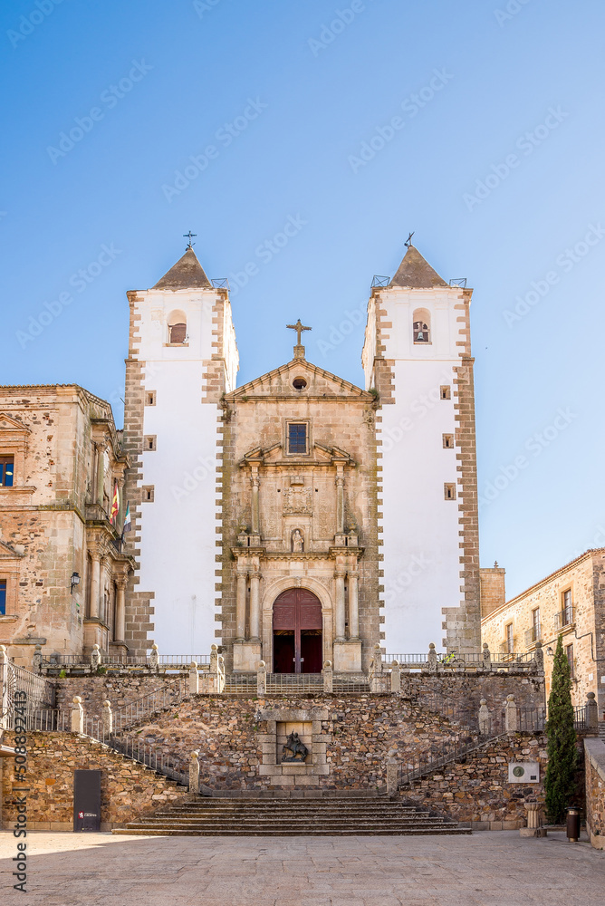 View at the Church of San Francesco Javier in the streets of Caceres - Spain