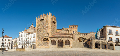 Panoramic view at the Old town with Bujaco tower at Mayor place of Caceres, Spain