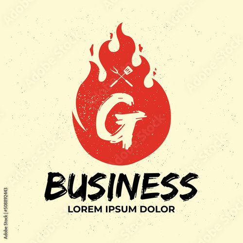 Barbecue logo illustration, BBQ logotype and fire concept in combination with spatula vintage style.