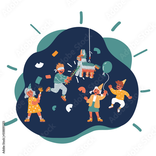 Cartoon vector illustration of kids hits on Mexican pinatas donkey and llama, colorful toys with treats for child birthday, party celebration, carnival or fiesta