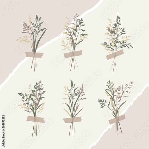 Flowers with scotch tape, Set of bouquets of field herbs with washi tape. Pastel vector illustration