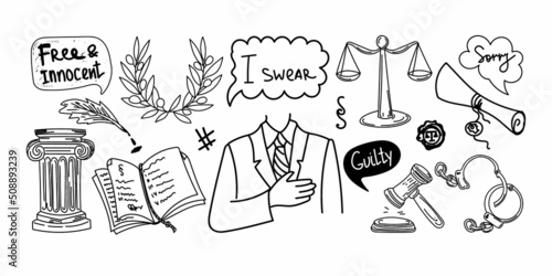 Set with symbols of law and justice, hand-drawn in sketch doodle style. Justice. Court. Oath. Testimony. The scales of justice. Documents. Paragraphs of the law. A collection of cartoon elements.