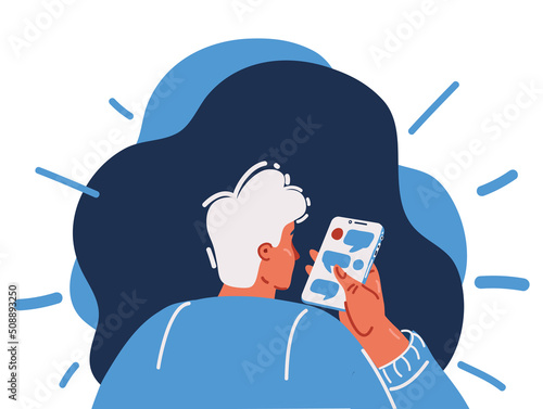 Cartoon vector illustration of man use his mobile. Rear wiev.