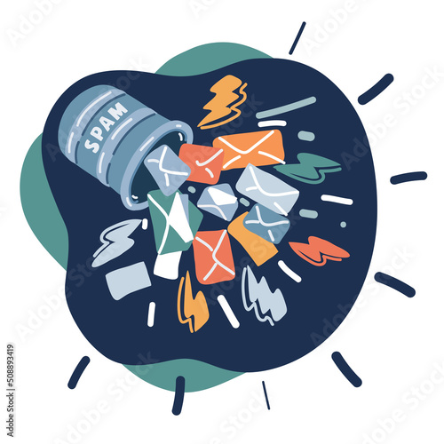 Cartoon vector illustration of Spam. Spamming concept, a lot of emails on the screen of a smart phone. Email box hacking, spam warning.