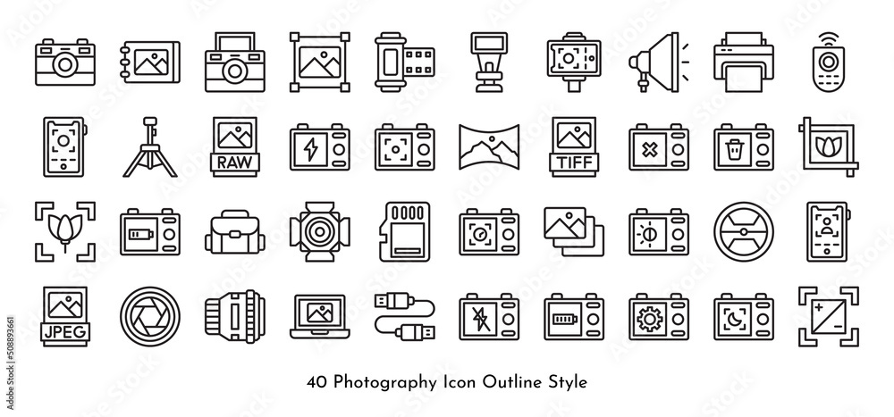 Photography Elements Icon Set Pack Vector Outline Style Photography Elements Icon Set Pack Vector Outline Style