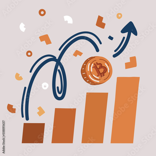  artoon illustration of bitcoin up arrow Cryptocurrency growth concept.