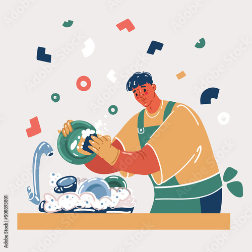  artoon illustration of man wash pile of dirty dishes on the kitchen