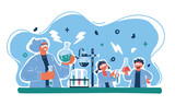 Vector illustration of scientist and kid student doing chemistry experiment in lab. Chemistry lesson for children.