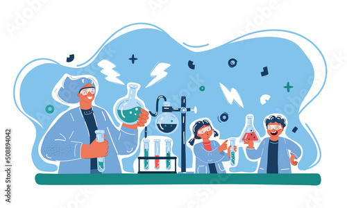 Vector illustration of scientist and kid student doing chemistry experiment in lab. Chemistry lesson for children.