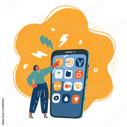 Vector illustration of woman are standing near big mobile app symbol and using her smartphone