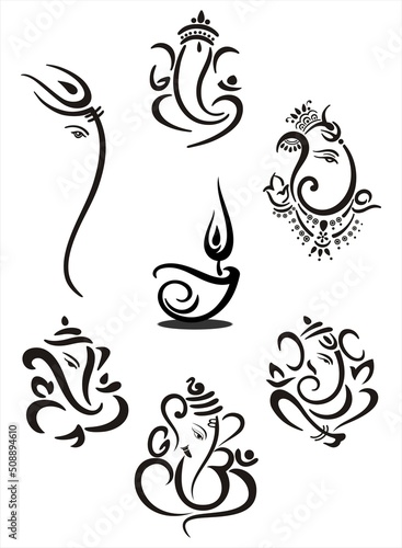 Ganesha, Oil lamp, Aum, Hindu wedding card, Diwali, India	