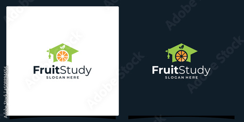 College, Graduate cap, Campus, Education logo design and orange fruits logo vector illustration graphic design.