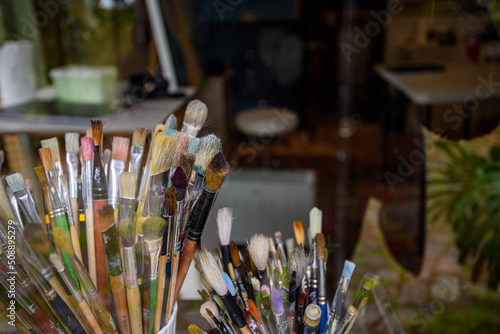 Close up of used artist paint brushes