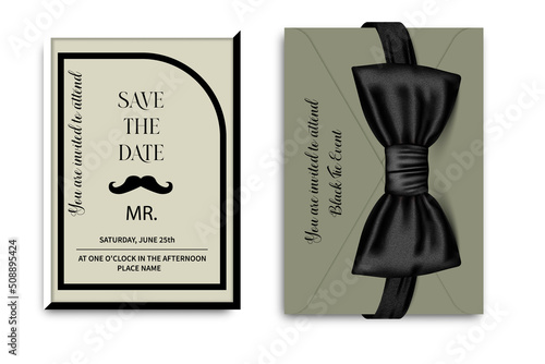 An invitation card to a man's day party. Vector bow tie. Black, white and gold are classic patterns with moustaches. Design for a real man Father's Day Template