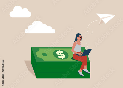Woman working with computer laptop sitting on heap of dollar banknotes. Online business making money, investment return, salary or multi income stream, side hustle or side gig earning. 