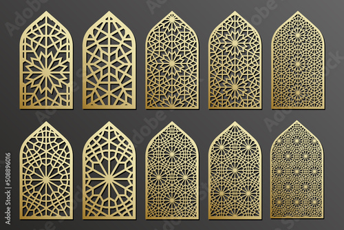 Big set Arabian patterned panels, window grill templates collection.