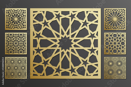 Laser cut square panels set, arabian pattern window grill, vector.