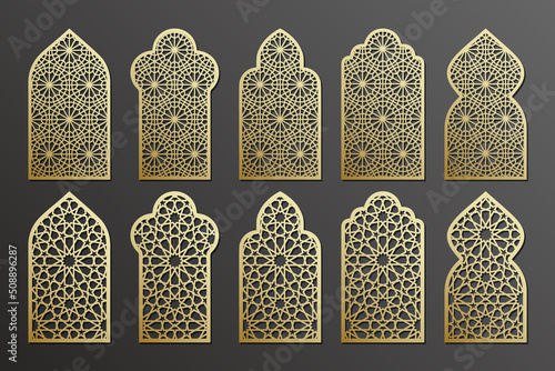 Laser cut arabian grating templates set, window grill with arabesque pattern, vector.
