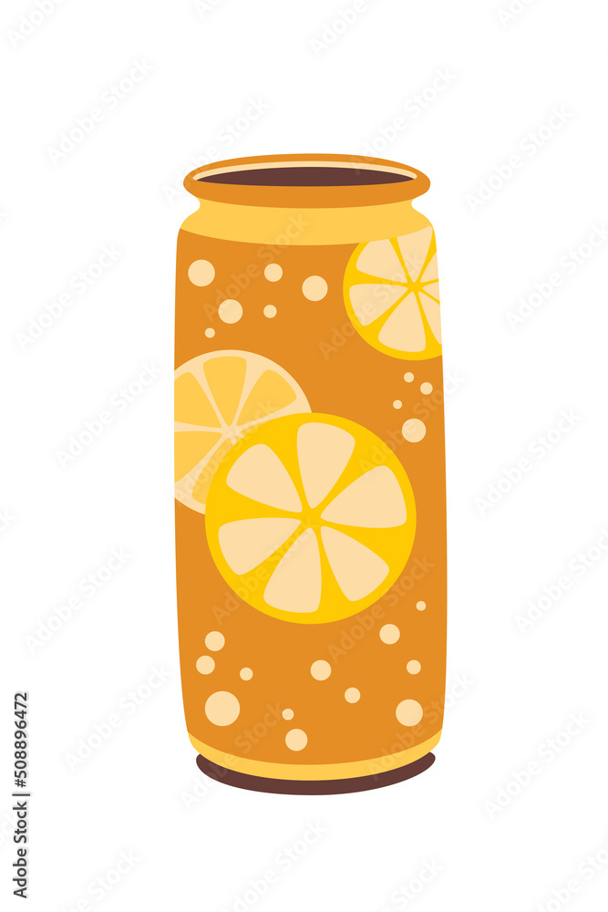 Fototapeta premium Fresh lemonade in the aluminium can with lemon on the wrapper isolated on white background. Flat vector cartoon illustration, clipart.