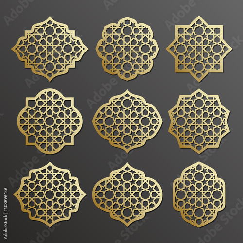 Laser cut set of design elements with arabic pattern, ornate decor, vector.