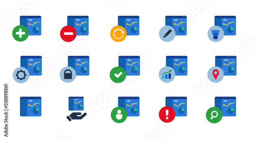 Analytics data report statistics diagram pie chart icon set collection blue vector