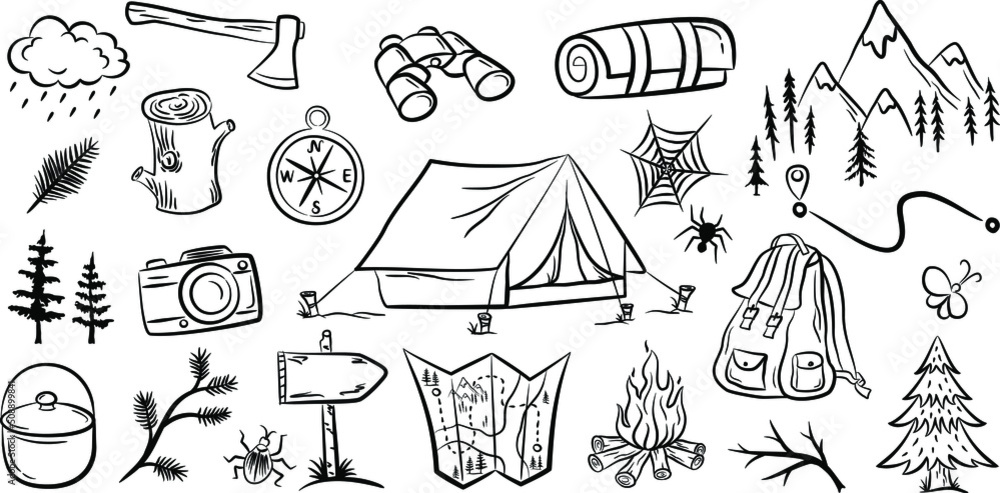 Obraz premium Hiking and backpacking equipment collection. Set of elements for your design . Camping doodles. Vector illustration.