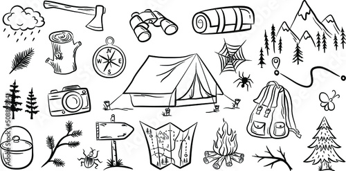 Hiking and backpacking equipment collection. Set of elements for your design . Camping doodles. Vector illustration.
