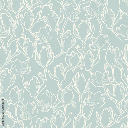 Floral vector background. Hand drawn flowers. Painted magnolia blossom seamless pattern, branches, flowers, leaves and buds. Modern fashion fabric print.