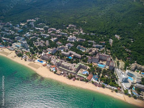 Aerial view of the beach and hotels in Golden Sands, Zlatni Piasaci. Varna, Bulgaria photo