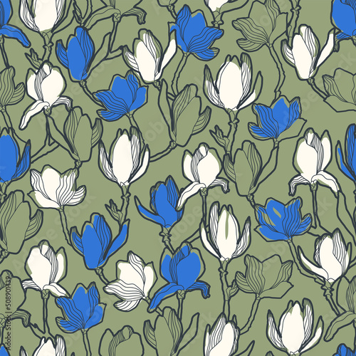 Floral vector background. Hand drawn flowers. Painted magnolia blossom seamless pattern, branches, flowers, leaves and buds. Modern fashion fabric print.