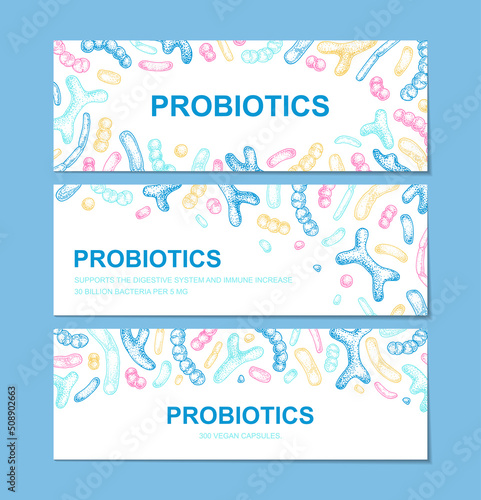 Set of hand drawn probiotics design for packaging and branding. Vector illustration in sketch style. Microscopic bacteria close-up. Biology background