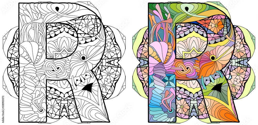 Obraz premium Letter R monogram, engraving design on mandala for coloring. Vector illustration. Color and outline set