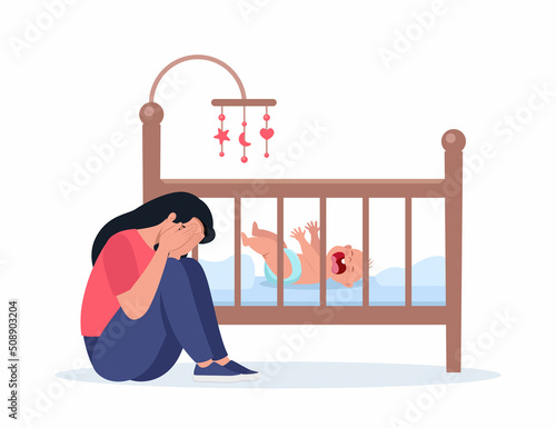 Woman in postpartum depression, exhausted and stressed. Unhappy mom next to the newborn's crib. A small child is crying hysterically and pulling up the handles. Vector illustration.