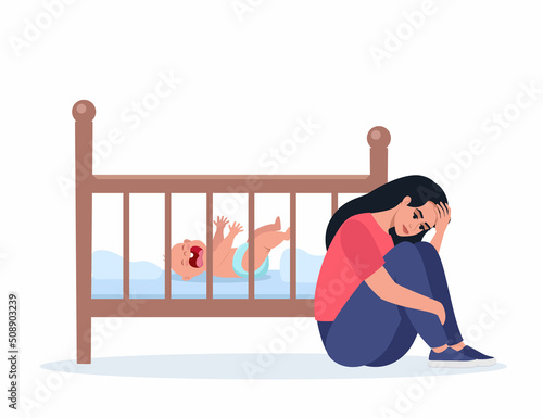Woman in postpartum depression, exhausted and stressed. Unhappy mom next to the newborn's crib. A small child is crying hysterically and pulling up the handles. Vector illustration.