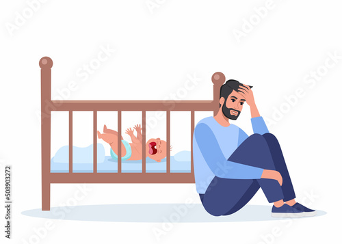 Young tired dad at night with baby crying on crib. Unhappy daddy, exhausted and stressed, next to the newborn's crib. Child is crying hysterically and pulling up the handles. Vector illustration.