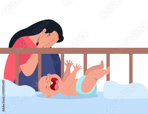 Woman in postpartum depression, exhausted and stressed. Unhappy mom next to the newborn's crib. A small child is crying hysterically and pulling up the handles. Vector illustration.