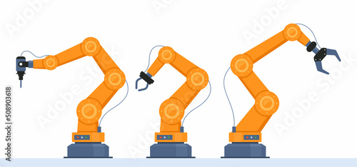 Robotic arms set. Manufacturing automation technology. Industrial tools mechanical robot arm machine hydraulic equipment automotive. Factory assembly robots conveyo. Isolated flat vector illustration.