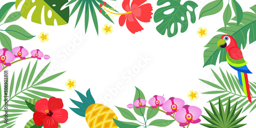 Bright tropical background with tropical palm leaves, parrot and flowers. Vector illustration with an empty space for text.