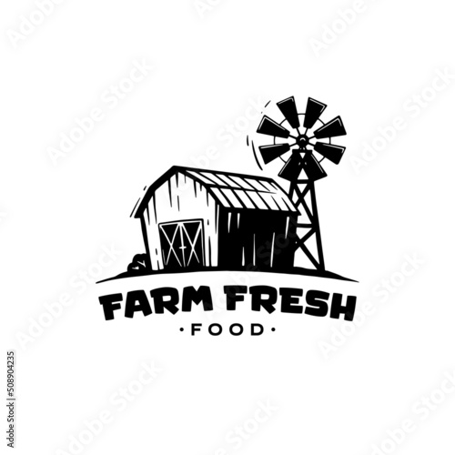 Hand draw farm house concept logo. Template with farm, windmill landscape.