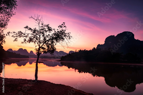 Nong Thale lake and karst mountain at dawn, Krabi