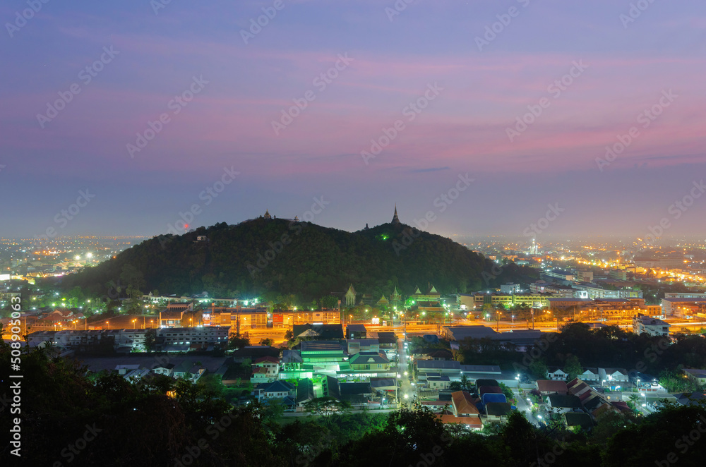 Aerial view landscape ancient monarch's residence on the mountain and Phetchaburi city view Before dawn to early morning, Phra nakhon khiri historical park.
