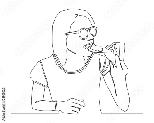 Contiinuous line of woman with glasses using left hand holding a piece of pizza and biting deliciously vector.