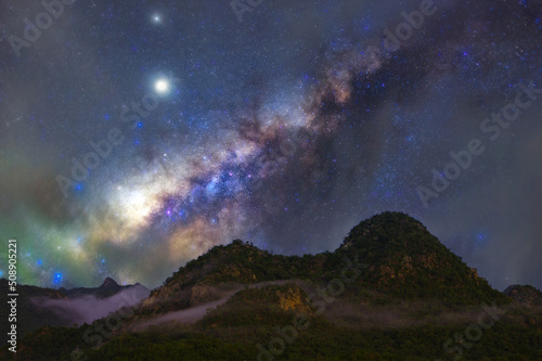 Milky way galaxy with stars and space dust in the universe  long speed exposure  Night landscape with colorful Milky Way  Starry sky  at summer  Beautiful Universe  Space background.